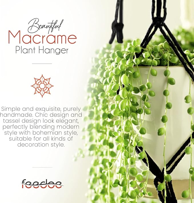 Macrame Plant Hangers - 6 Pack, Black, Indoor/Outdoor, Cotton