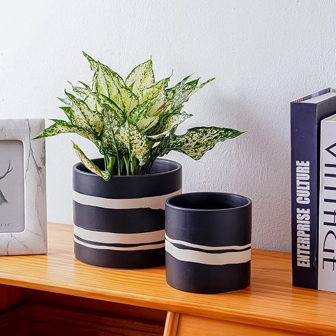 Nihow Modern Ceramic Plant Pot - 5 + 7 Inch Flower Pot for All Indoor Plants - Sturdy Planter Pots with Drainage Hole & Rubber Plugs - Semi-Matte Black & Nature - Plants Not Included