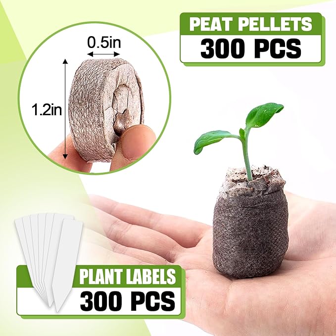 300 Pcs Peat Pellets for Seedling - 30mm Seeds Plant Starter Plugs, Compressed Fiber Garden Soil Block with 300 Labels, Plant Pods Bulk for Transplanting Herbs Flowers Vegetables