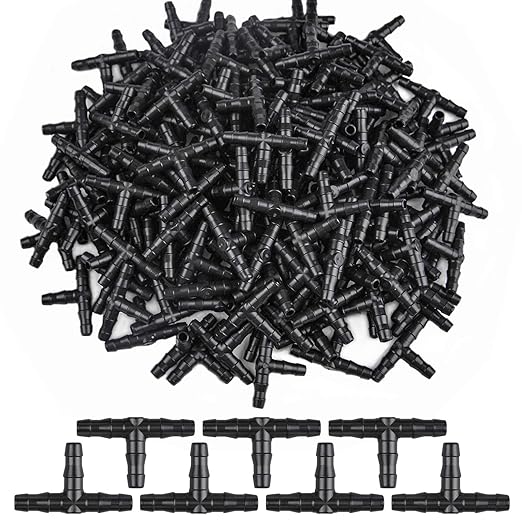 300pcs 1/4" Universal Barbed Tee Fittings, Kalolary Barbed Connectors Drip Irrigation Fits for 4/7mm Water Hose Drip Irrigation Watering System