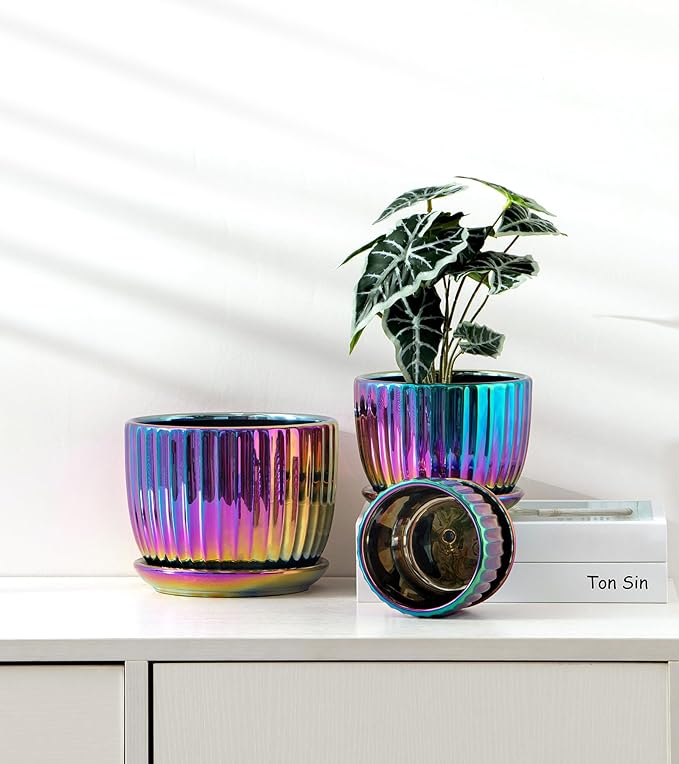 Ton Sin Flower Pots, Purple Ceramic Plant Pots Set of 3,Small Glazed Succulent Pots with Drainage Hole,Cactus Planter with Saucer,Outdoor Garden Pots (Colorful Gold)