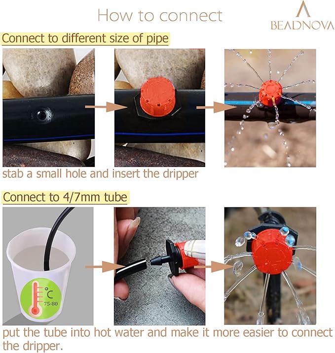 BEADNOVA Drip Irrigation Emitters 50 Pcs Irrigation Drippers 360 Degree Drip System Emitters Sprinklers Drippers for Drip Irrigation 1/4 Inch Tube Gardening (Red)