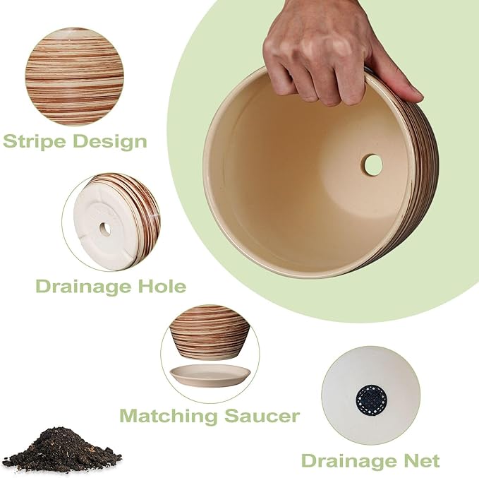 12 Inch Planter Pot Ceramic Plant Pots for Plants with Drainage Hole and Saucer Large Flower Pot for Home Patio Garden Office Yellow