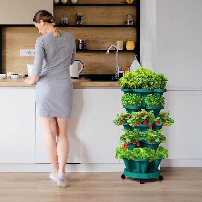 Strawberry Vertical Planters Tower Garden, 6 Tiered Stacking Planter with Support Pole, Stackable Herb Vegetable Planters Indoor and Outdoor