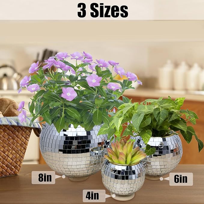 Disco Ball Planter, 8" Disco Planter with Hanging Rope, Hanging Chain & Hook & Ring Stand, Disco Ball Plant Hangers for Indoor and Outdoor Plants, Hanging Plant Holder (Silver, 1 Pack 8")