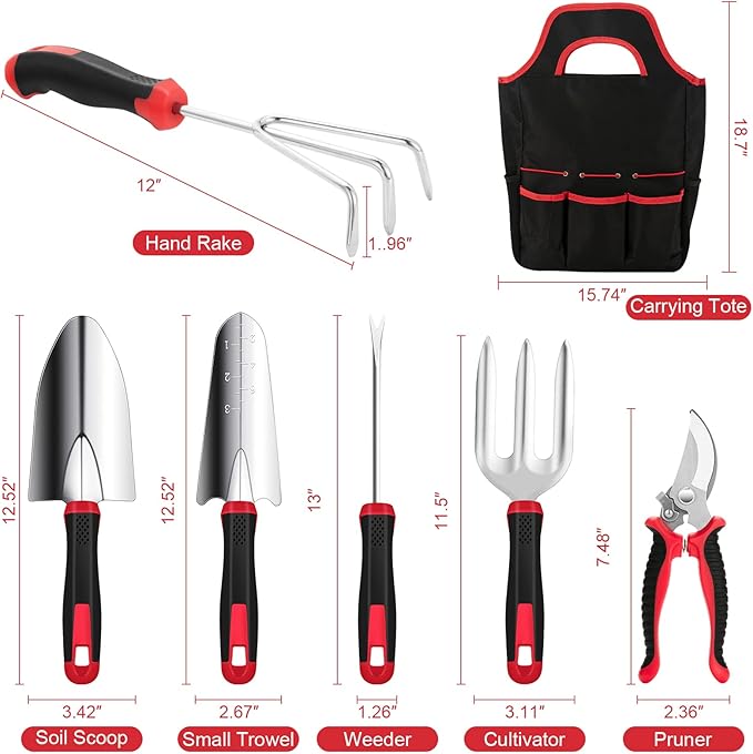 Gardening Tools, MOXILS 9 Pieces Stainless Steel Heavy Duty Tool Set with Non-Slip Rubber Grip, Storage Tote Bag, Outdoor Hand Tools, Ideal Garden Kit Gifts for Parents and Kids.