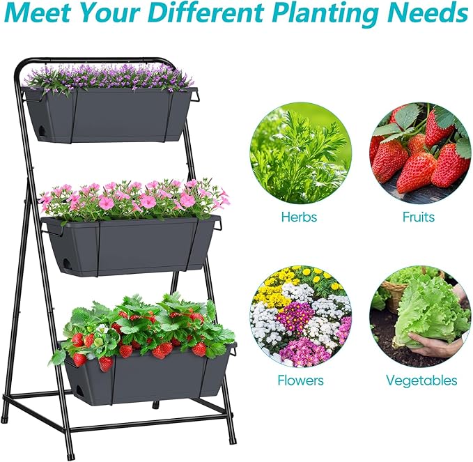 Vertical Garden Planter 3 Tier Raised Garden Bed Herb Garden Planter Outdoor Standing Garden Planter Box with Drainage Holes Removable Tray for Patio Balcony Porch Grey