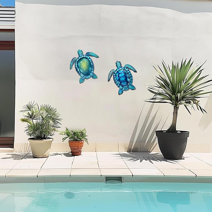 LIFFY Metal Turtle Wall Art Decor Ocean Wall Hanging Coastal Wall Sculptures Beach Theme Wall Decoration for Indoor Outdoor Bathroom Beach Garden Pool (10", 2 pcs)