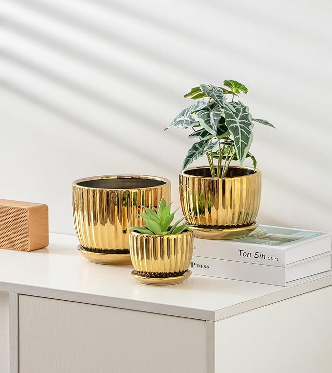 Ton Sin Gold Plant Pots,4.1+5.1+6.5 Inch Flower Pots,Ceramic Succulent Planters Set of 3,Mini Indoor Pots with Drainage,Handmade Decorative Ceramic Orchid and Herb Pots(Gold)