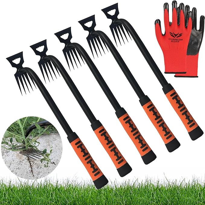 5pcs Multi-Functional Happy Garden Weed Puller Tool Set Heavy-Duty Manganese Steel 5 Teeth with Long Handle and Rubber Grip 4pcs Gloves for Effective Farm Yards Weeding and Planting