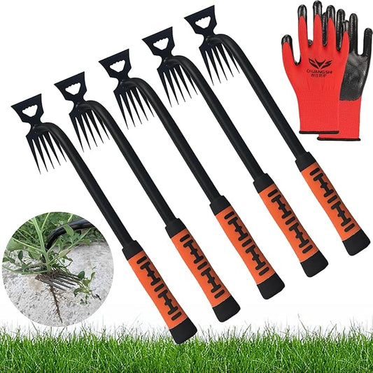 5pcs Multi-Functional Happy Garden Weed Puller Tool Set Heavy-Duty Manganese Steel 5 Teeth with Long Handle and Rubber Grip 4pcs Gloves for Effective Farm Yards Weeding and Planting