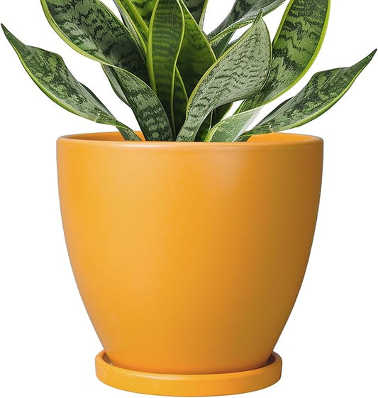 6 Inch Plant Pot - Ceramic Planter with Drainage Hole and Saucer, Modern Round Flower Pot, Planters for Indoor Plants, Home Garden Decor, Orange