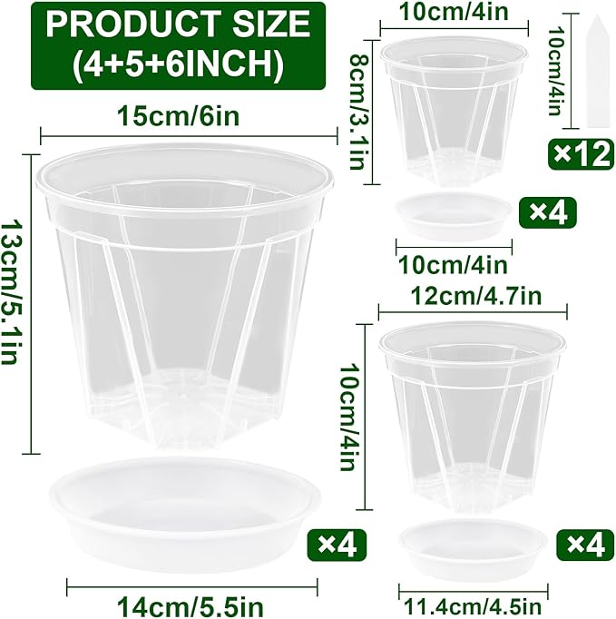12 Pack Clear Nursery Pots 4/5/6 Inch Clear Plastic Plant Pots with Drainage Holes Clear Planters Flower Pots for Indoor Plants