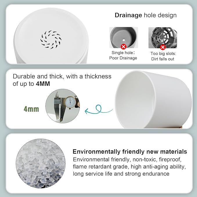 3 Pack 6/5/4 inch Cylindrical Flower Pots, Modern Small Round Plastic Plant Pots with Drainage Holes & Saucers, Clean and Refined Planter Pots for Outdoor, Indoor & Office Decor (White Brown)