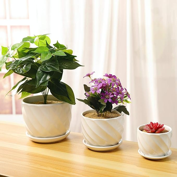Set of 3 Ceramic Plant Pot - Flower Plant Pots Indoor with Saucers,Small to Medium Sized Round Modern Ceramic Garden Flower Pots (White)