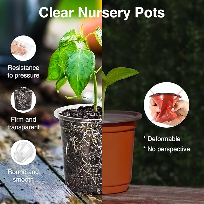 Bonviee Clear Nursery Pots for Plants, 6.7/5/4 Inch Plastic Seedling Pots with Drainage Holes, Planters for Indoor Plants and Transparent Seed Starter Pots with 10 Plant Labels, 30 Pack