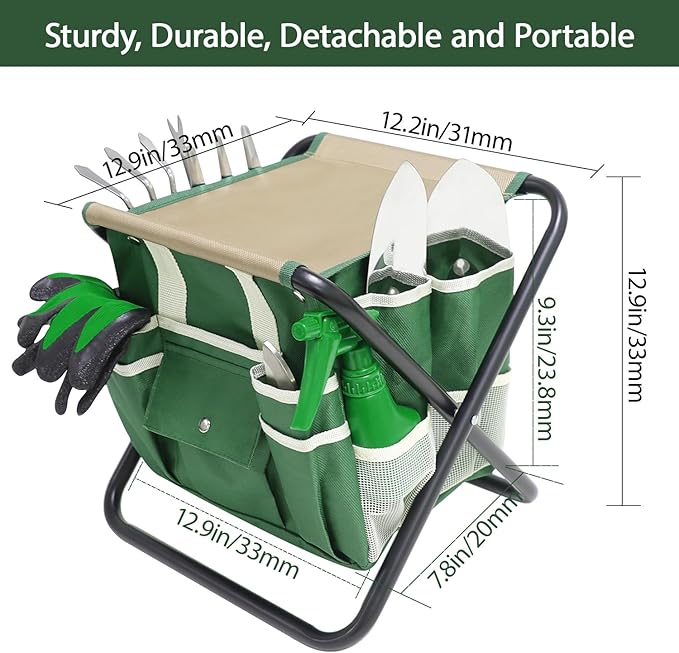 Garden Tool Set, 10 Piece Gardening Kit with Heavy Duty Folding Stool, Gardening Tools with Detachable Storage Tote Bag, Stainless Steel Garden Tools, Gardening Gifts for Women Men Green