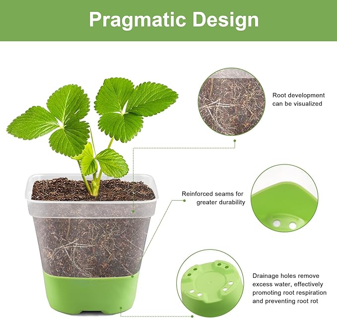 24 Packs 3 Inch Square Plastic Nursery Pots, Clear Plant Pot with Soft Silicone Base for Easy Transplant, Flower Pots with Drainage Holes, Reusable Seedling Pots Starter Pots