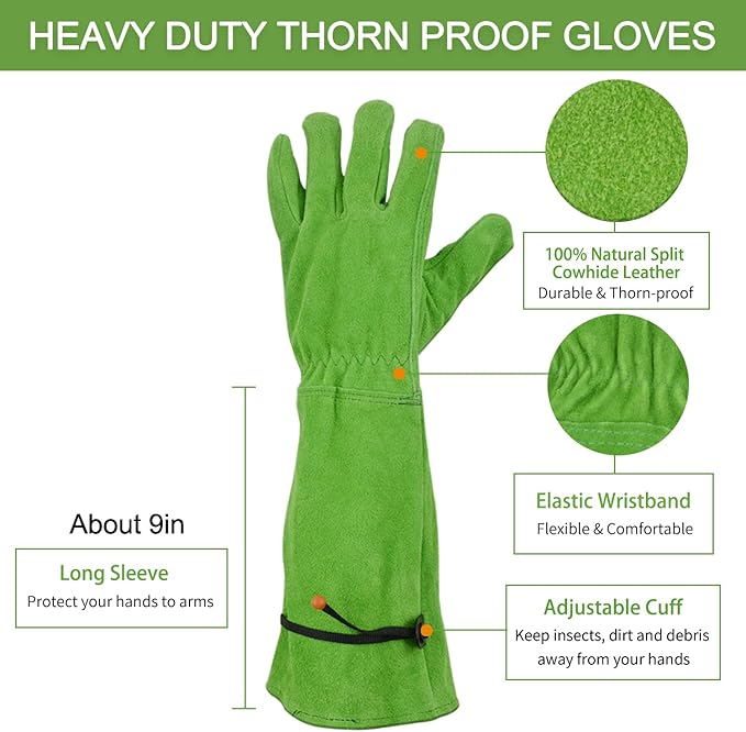 Professional Thorn Proof Gardening Gloves for Women and Men Rose Pruning & Cactus Trimming, Long Sleeve Heavy Duty Ladies Garden Gloves, Cowhide Leather (Small, Green)