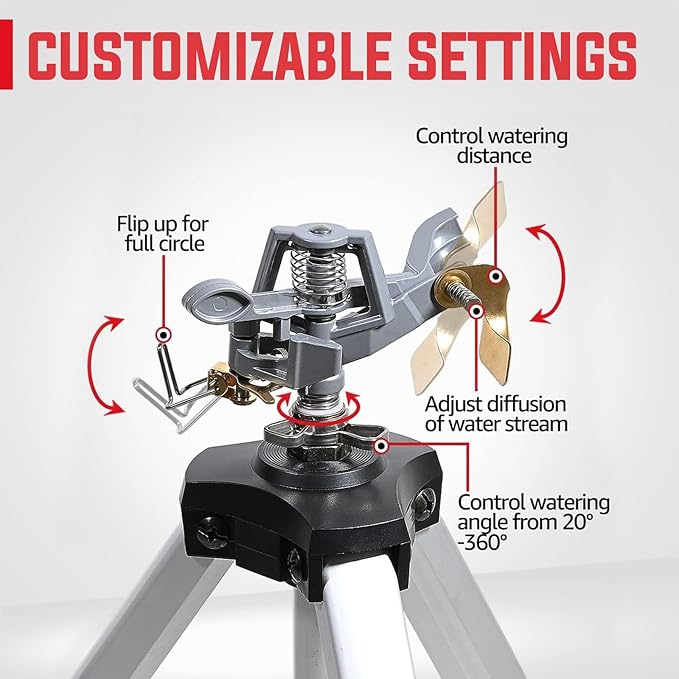 YAMATIC Impact Sprinkler on Adjustable Tripod Base, 360 Degree Large Area, with 3/4" Thread Quick Connect Fittings, Heavy Duty Pulsator Sprinkler for Lawn Yard and Grass, Spray up to 20-90ft (36inch)