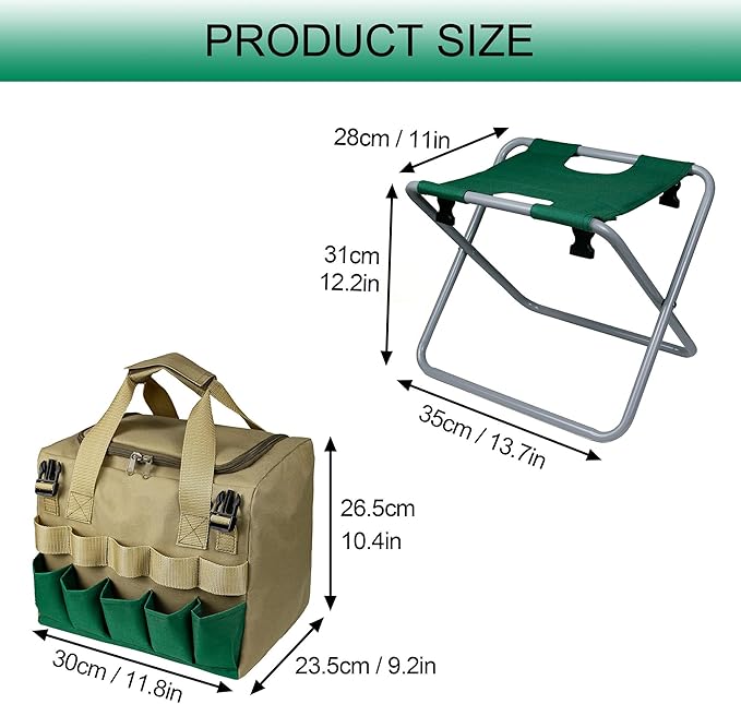 Folding Gardening Stool with Detachable Storage Tote Bag, Multifunctional Gardening Tools Set Organizer for Fishing and Camping,Portable Garden Chair Seat for Adults,Without Tools (Green)