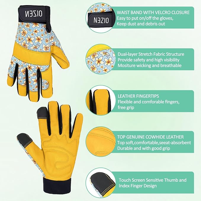 Cowhide Leather Thorn Proof & Puncture Resistant Gardening Gloves for Women and Men, Touchscreen Compatible Working Gloves for Weeding, Digging, Planting, Gardening Gifts for Women (Size Large)