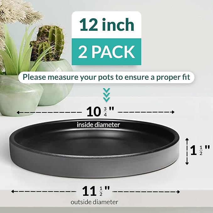 Willowy 12 Inch Black Ceramic Plant Saucer (2 Pack) - Plant Drip Trays for 9-11 Inch Planters,Plant Saucers for Indoors,Plant Trays for Pots,Plant Pot Saucers,Plant Water Tray,Plant Dish Saucer