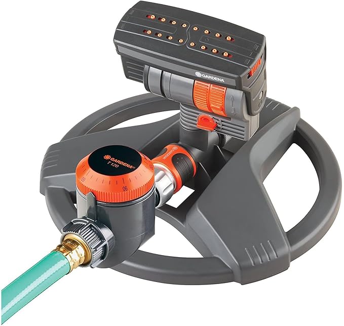 Gardena (69-84BZMX) ZoomMaxx Adjustable Sprinkler with Built in Timer Weighted Base for Precise Watering up to 2,300 Sq Ft, Compatible with Any Hose Brand, Made in Germany 5 Year Warranty
