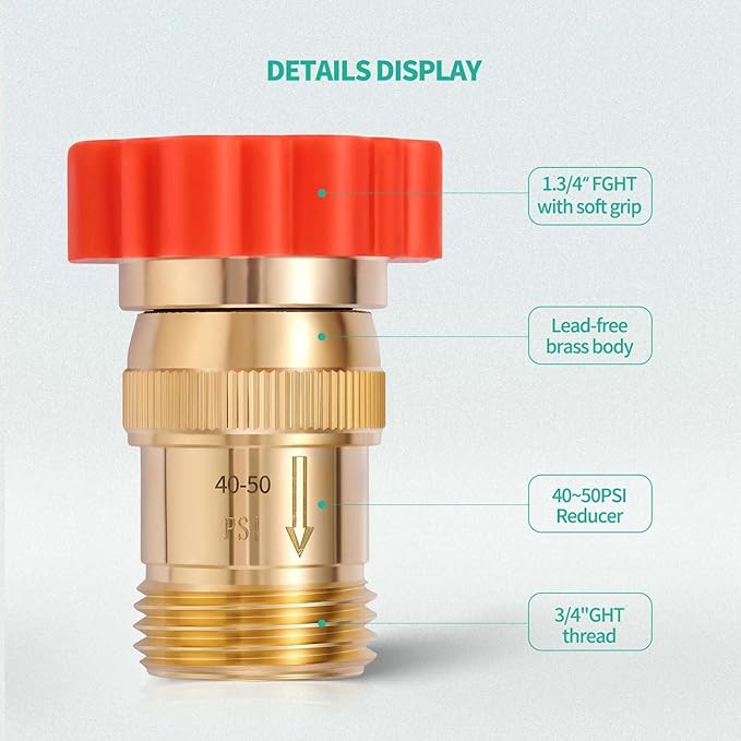 LF Brass RV Inline Water Pressure Reducer Regulator 40~50PSI - Protect RV Plumbing and Hoses from High-Pressure City Water,3/4" GHT Connector