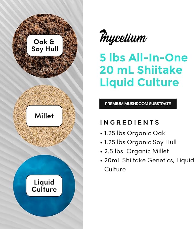 Mycelium’s Shiitake Gourmet Mushroom Kit | 5LBS Oak & Soy Hull with Millet Blend | 20ML Liquid Culture Syringe | All-in-One Complete Cultivation Kit | Pre-Sterilized - Home Growing Made Easy