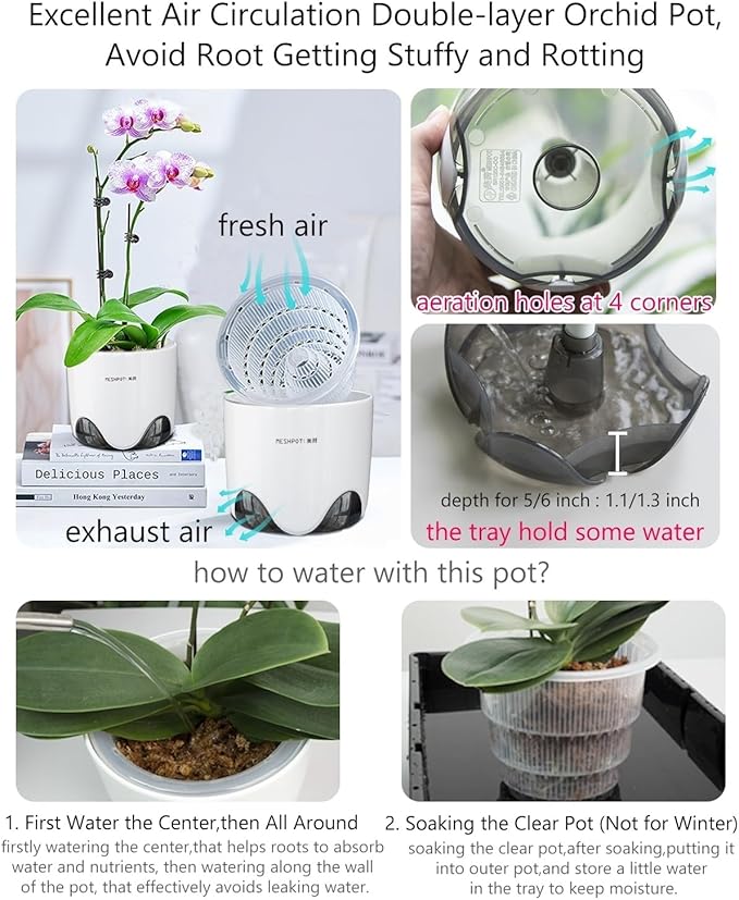5 inch Orchid Pots with Holes for Repotting,Set of 1,Double Layer Plastic Imitate Ceramic Orchid Planter Provide Good Air Circulation,Clear Orchid Pot Match Decorative Orchid Container