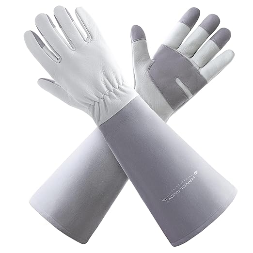 HLDD HANDLANDY Gardening Gloves for Women & Men, Leather Long Sleeve Rose Pruning Gloves, Thorn Proof Garden Work Gauntlet Animal Handling Gloves (Medium, Gray)