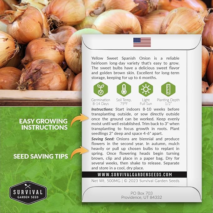 Yellow Sweet Spanish Onion Seed for Planting - 5 Packets with Instructions to Plant and Grow Long Day Onions in Your Home Vegetable Garden - Non-GMO Heirloom Variety - Survival Garden Seeds