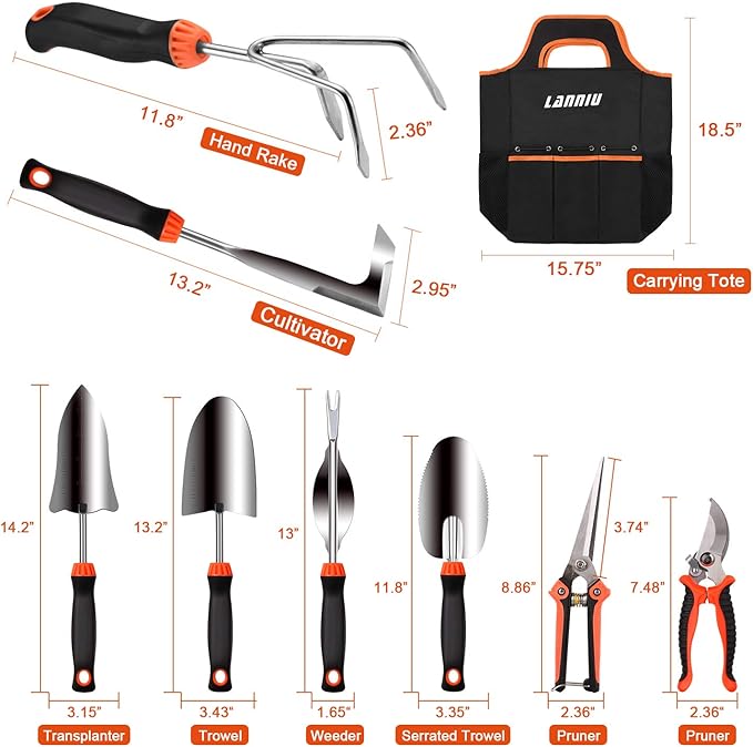 Garden Tool Set, 9 Piece Stainless Steel Heavy Duty Gardening Tool Set, with Non-Slip Rubber Grip, Storage Pocket, Ideal Garden Tool Kit Gift for Women/Parent