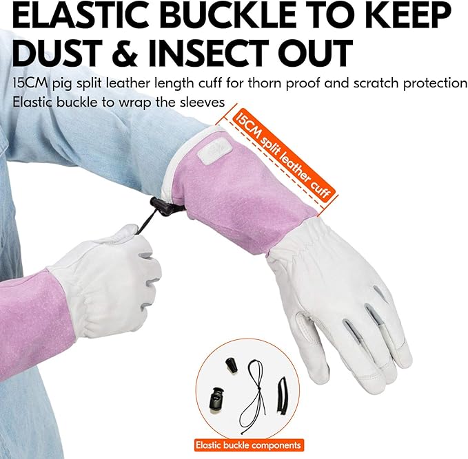 Vgo... 1-Pair Premium Genuine Goat Leather Extra-Long Cuff Thornproof Gardening Gloves (Size M, Pink White, GA1013)