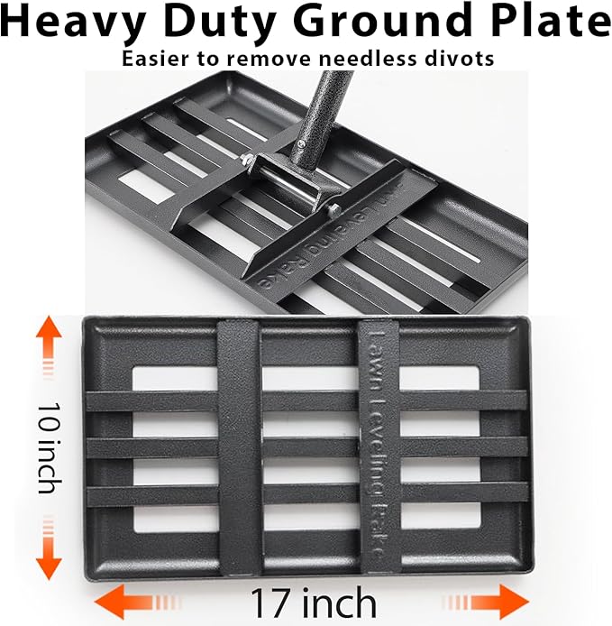 Lawn Leveling Rake, Heavy Duty Levelawn Tool for Garden Level Soil or Dirt Ground Surfaces Easily, 17” x 10” Ground Plate, Steel Handle Length is 60 inch