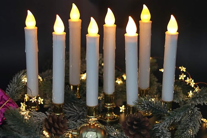 DRomance 9" Flameless Window Taper Candles Battery Operated with 8-Key Remote and Timer, 4 Pack White Christmas Holdiay Window Candles with Gold Holders, Suction Cups and AA Batteries Included