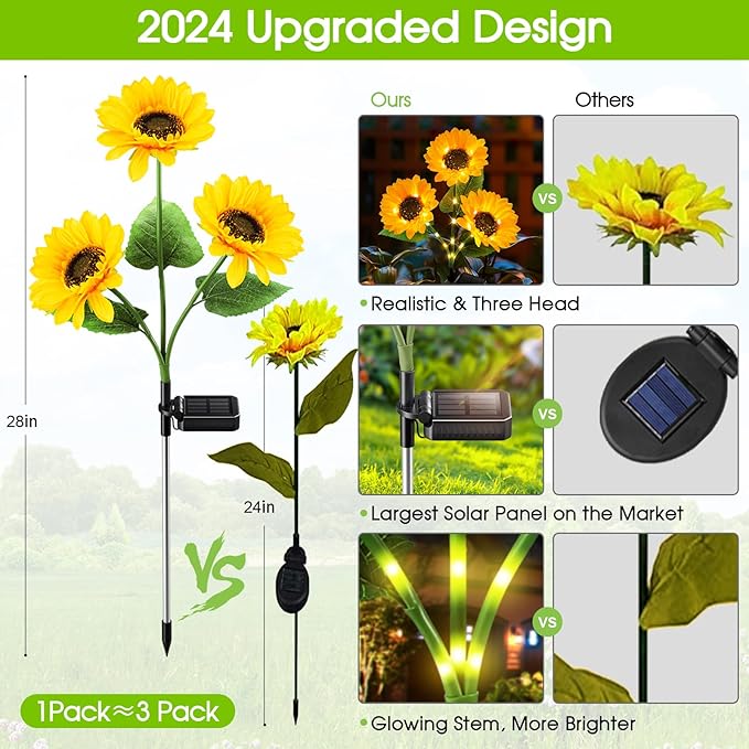KOOPER Solar Lights Outdoor Garden Decor - Upgraded 3 Pack with 9 Sunflower Lights, Waterproof Solar Outdoor Lights Auto ON/Off Solar Decorative Lights for Garden, Patio, Backyard