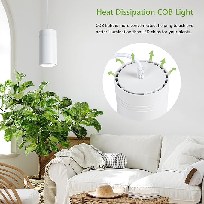 HMVPL Hanging Grow Light, Plant Lights for Indoor Growing, Grow Lights for Indoor Plants Full Spectrum with 4000K 40W COB Bulb, Pulleys and Smart Timer, Indoor Grow Lamp for Tall Tree Hydroponics