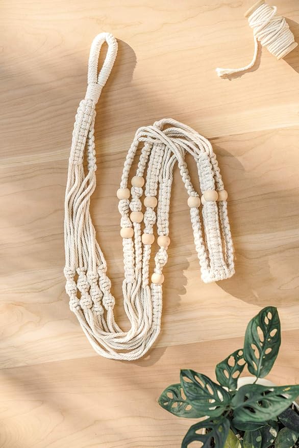 Mkono 43 Inch Macrame Plant Hanger Large for up to 12 Inch Pot Extra Long Hanging Plant Holder No Tassels Hanging Planter Basket with Wood Beads for Indoor Outdoor Boho Home Decor, Ivory, Set of 2