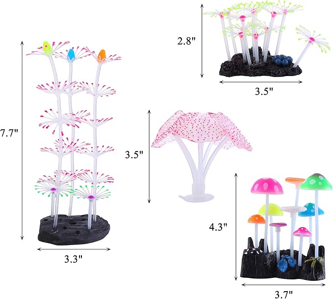 Lpraer 4 Pack Glow Aquarium Decorations Coral Reef Glowing Mushroom Anemone Simulation Glow Plant Glowing Effect Silicone for Fish Tank Decorations