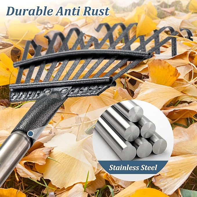 Rake, Garden Rake for Leaves, Leaf Rake Heavy Duty for Yard,Lawn,Shrub,Grass,Mulch, 8.5" Metal Head,6ft Adjustable Long Handle,Adults Kids Rake for Gardening