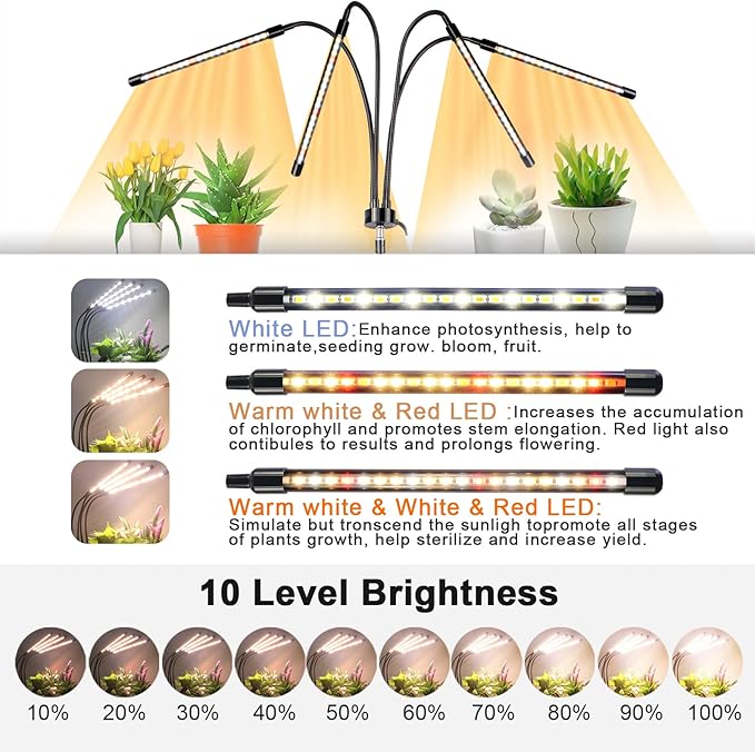 Plant Grow Light with Stand, 4 Heads Full Spectrum Grow Lamps with 15-63" Adjustable Tripod Stand, 4/8/12H Timer, 3 Switch Modes, Indoor Plant Light with Remote Control