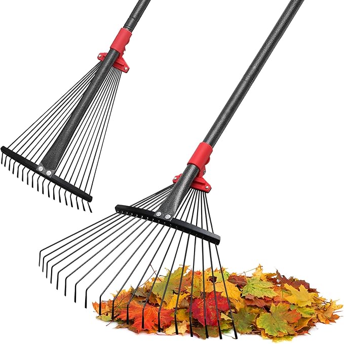 Rake for Leaves, Adjustable Garden Leaf Rakes for Lawns Heavy Duty, Metal Rake with 18 Clog-Free Tines, 9”-17” Collapsible Rake Head, 6 ft Long Handle, Yard Tools for Gardening Camping Fast Cleanup