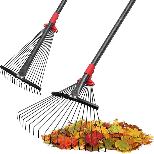 Rake for Leaves, Adjustable Garden Leaf Rakes for Lawns Heavy Duty, Metal Rake with 18 Clog-Free Tines, 9”-17” Collapsible Rake Head, 6 ft Long Handle, Yard Tools for Gardening Camping Fast Cleanup