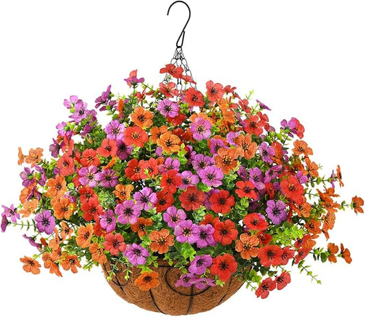 Artificial Faux Hanging Plants Flowers Basket for Spring Outdoor Decoration, Fake Silk Daisy in Planter Realistic UV Resistant Look Real for Porch Home Patio Balcony Yard(Purple Orange red)