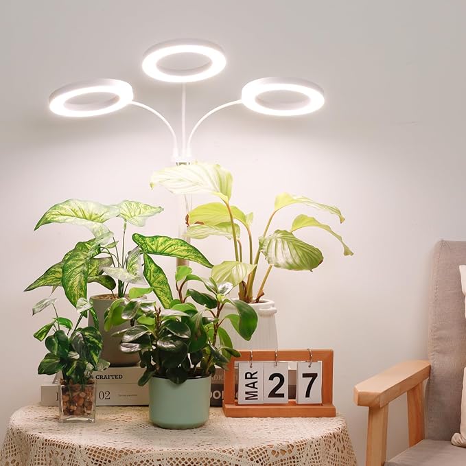 LBW Halo Plant Grow Light, Tri-Head Desk Grow Light for Indoor Growth, 72x3 LEDs Full Spectrum Grow Lamp with 4/8/12H Auto Timer, 4 Brightness Levels, Height Adjustable, Ideal for Indoor Plants, White