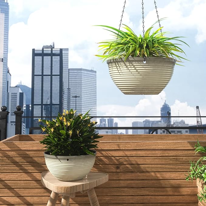 2 Pack Hanging Planters for Indoor Outdoor Plants, 10 Inch Hanging Planter with Drainage Hole & Plug Glazed Hanging Baskets Flower Pots for Garden Home (Off-White)