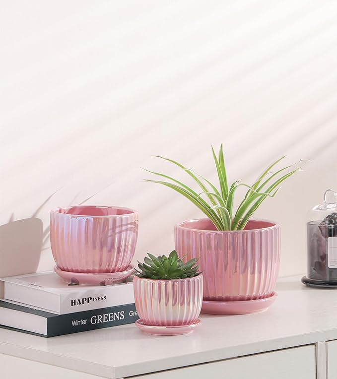 Ton Sin Pink Gold Ceramic Flower Pots, 4"+5"+6" Inch Small Glazed Succulent Planters with Drainage Hole,Modern Indoor Decorative Plant Pots Set of 3,Garden Pots with Saucer