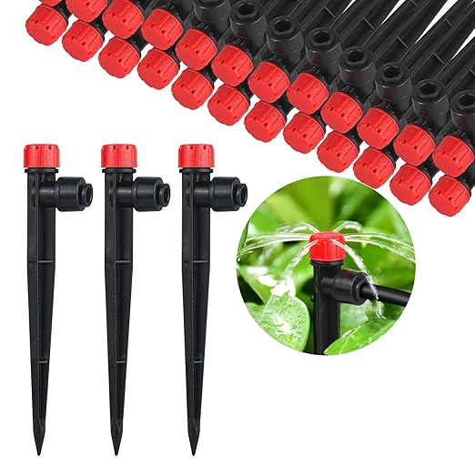 30 Pcs Drip Irrigation Emitters for 1/4'' Irrigation Tubing, Adjustable Water Flow Dripper Irrigation Drip Heads with Stake for Flower Plant (Red)